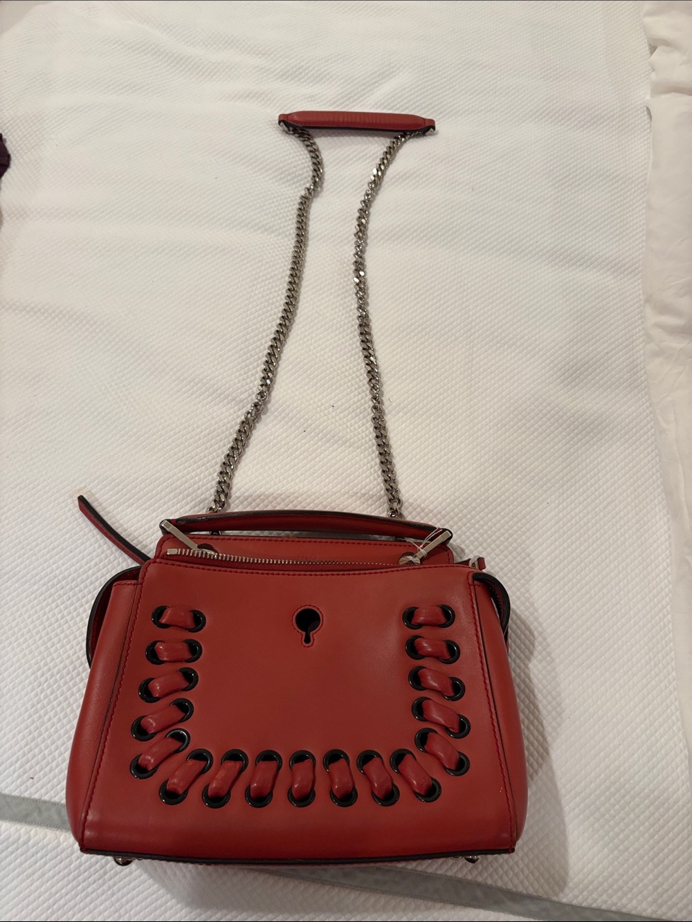 Fendi Red Leather Crossbody with Silver Chain